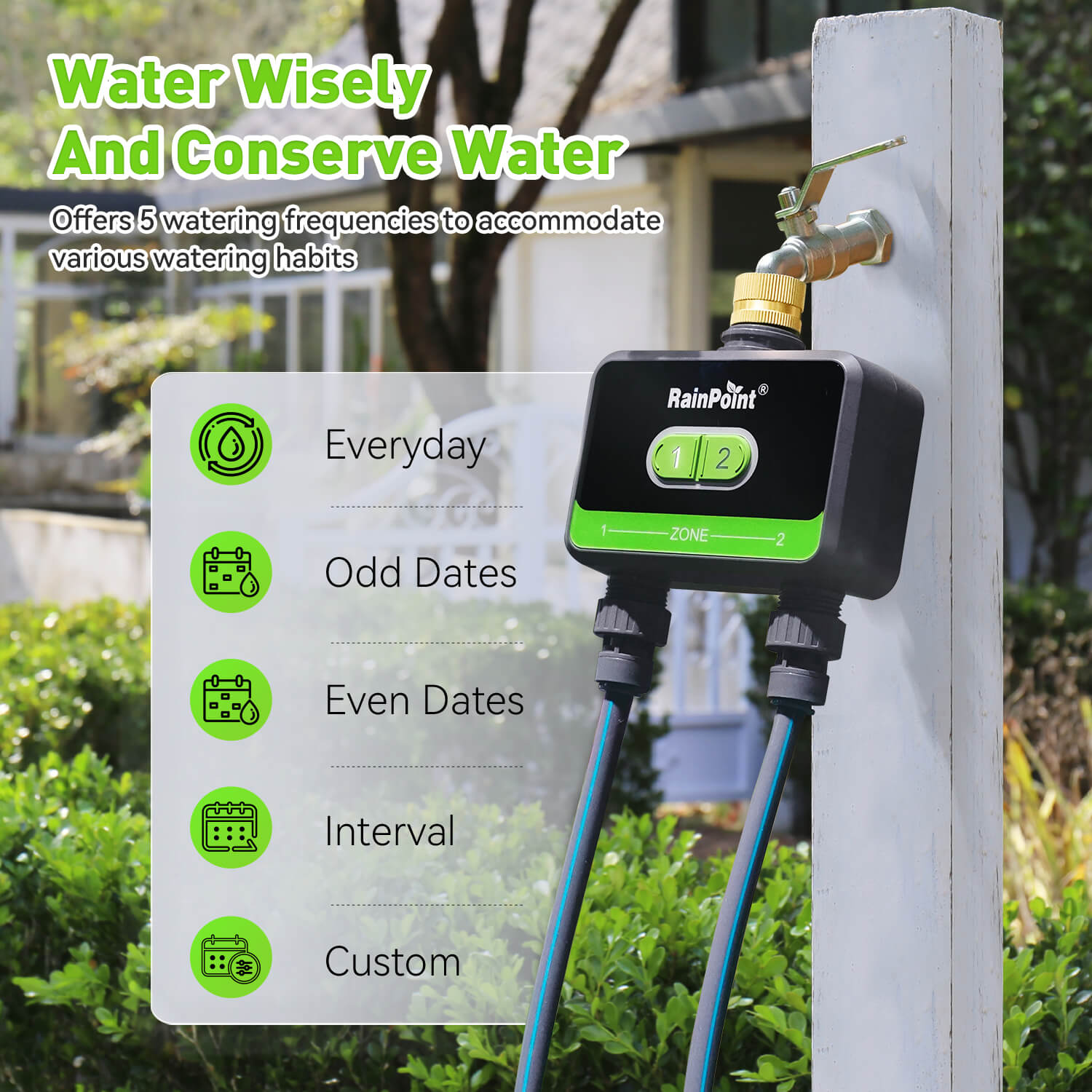 RainPoint WiFi Water Timer for Garden Hose with Brass Inlet, 2-Zone Smart Hose Timer