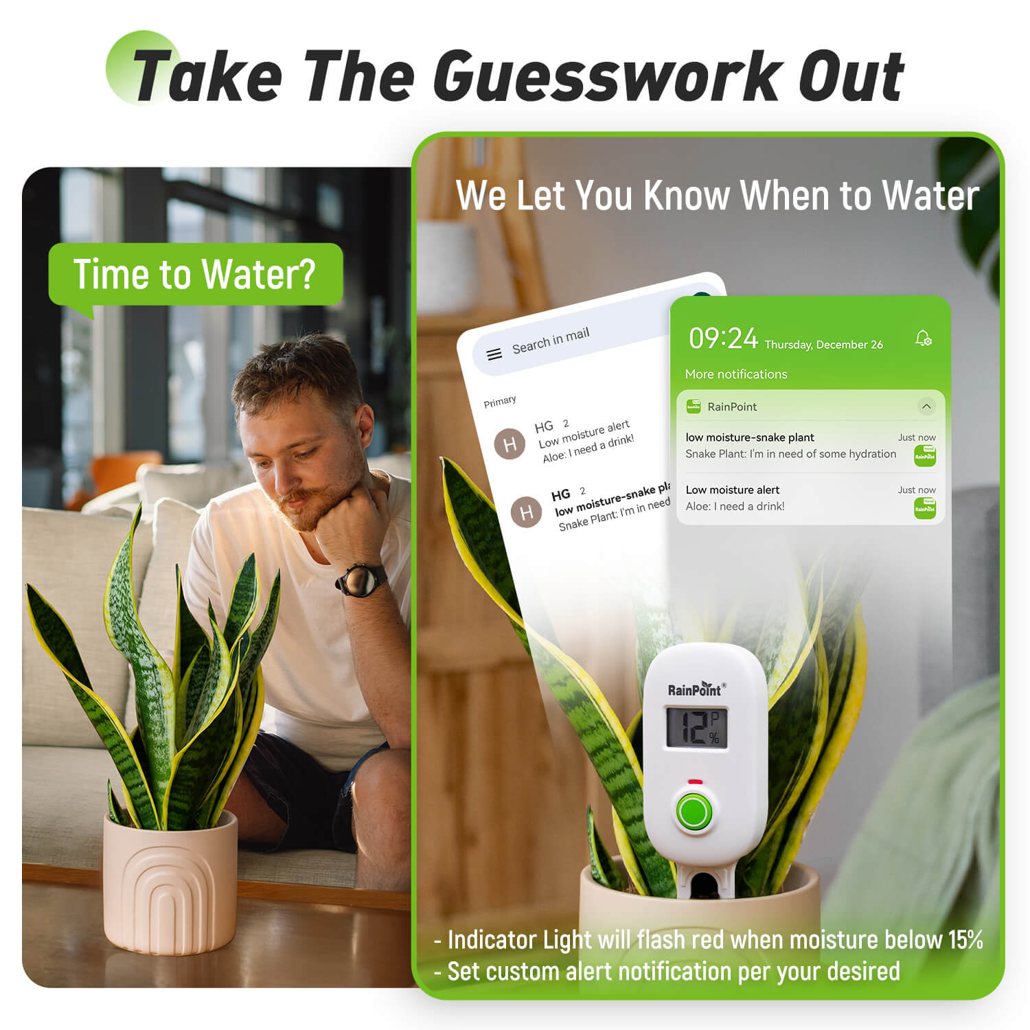 RainPoint Digital Wireless Plant Moisture Meter Houseplant Indoor with Low/High Moisture Alert